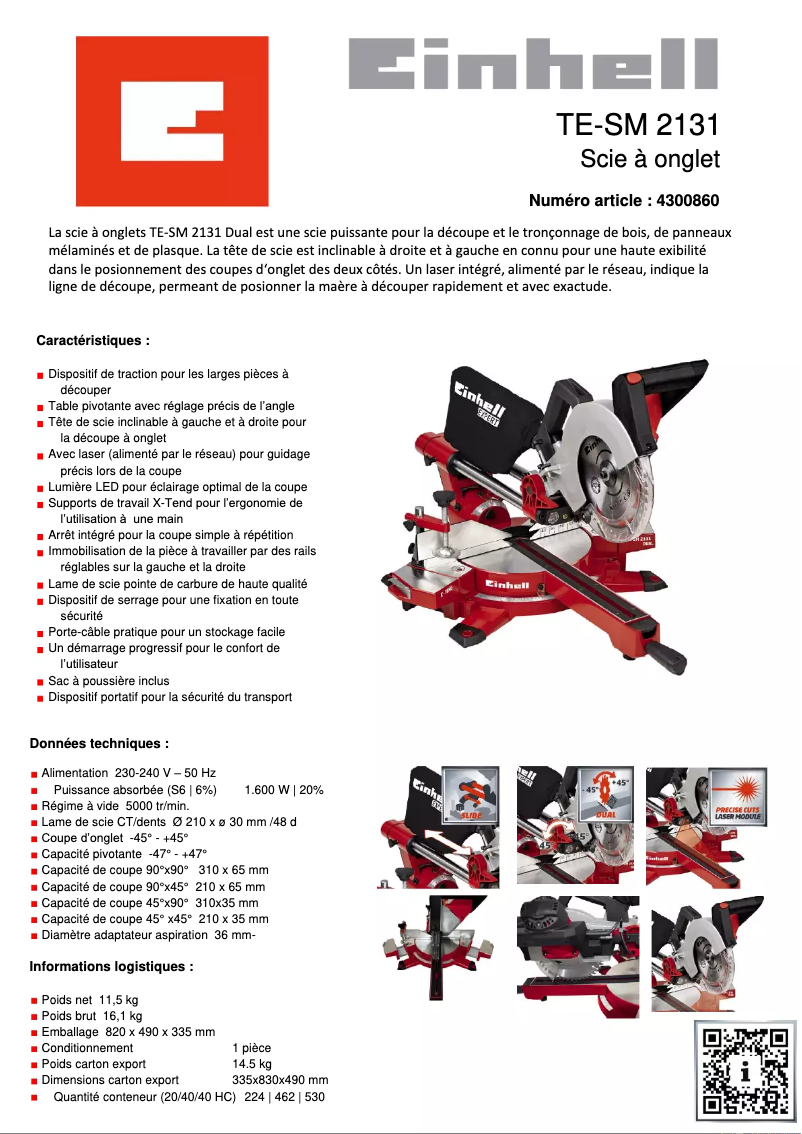 Page 1 de la notice Fiche technique Einhell TE-SM 2131 Dual