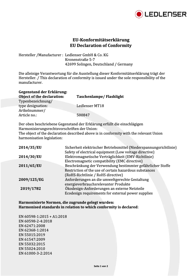 Page 1 de la notice Manuel utilisateur Ledlenser MT18