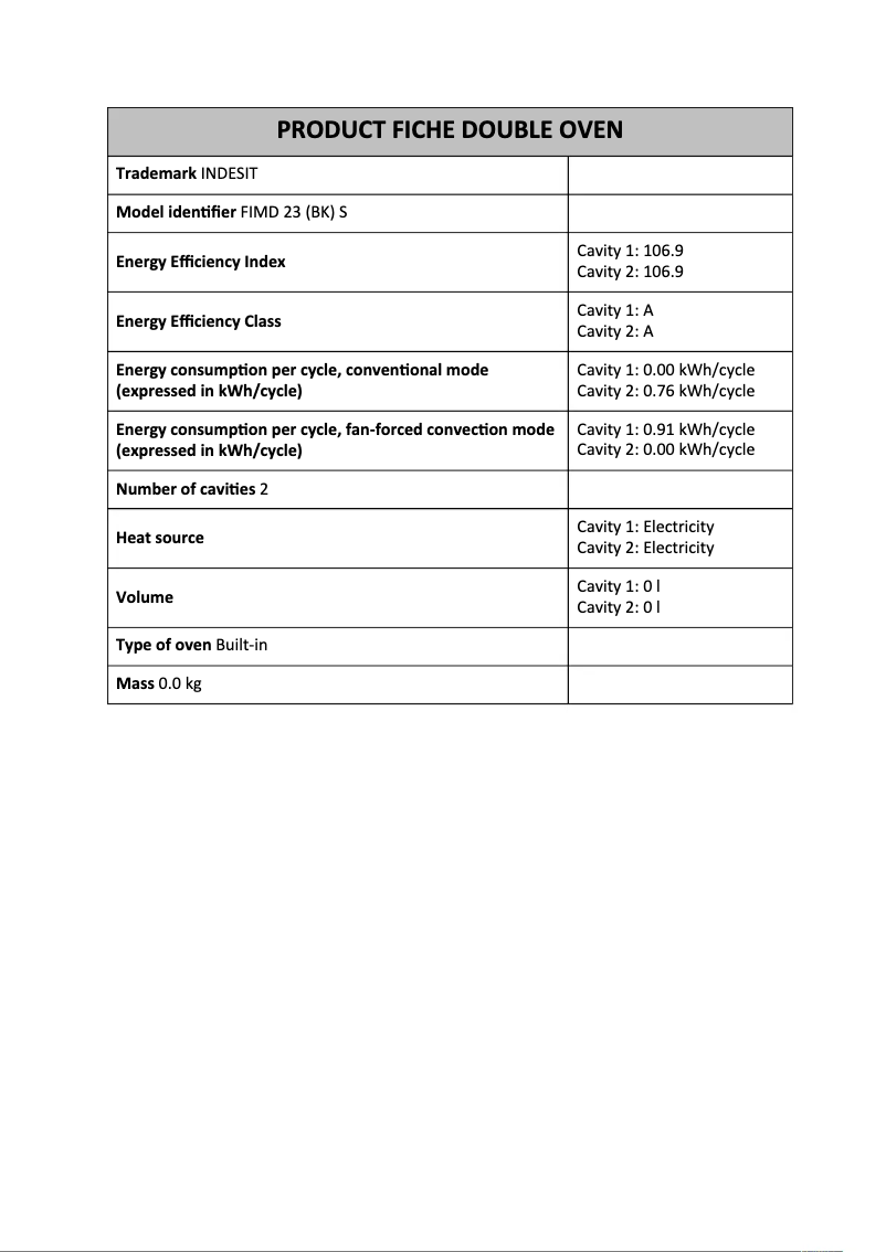 Page n°1 - Fiche technique Indesit FIMD 23 BK S