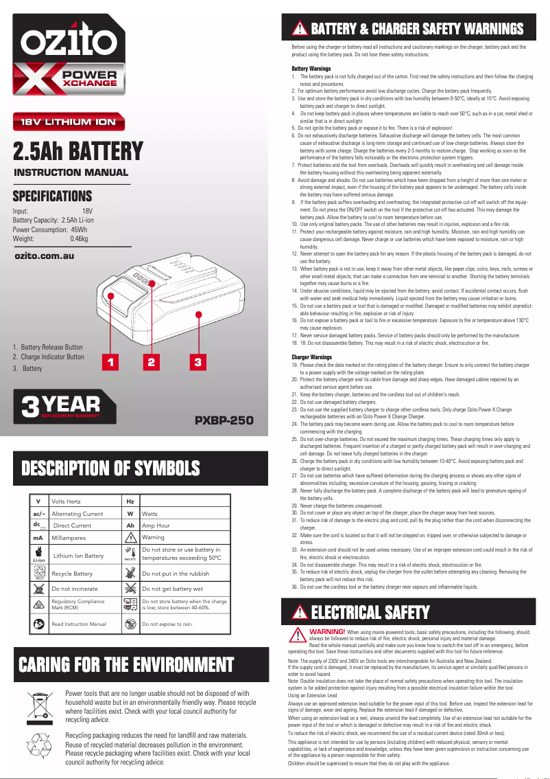 Page 1 de la notice Manuel utilisateur Ozito PXBC-250C