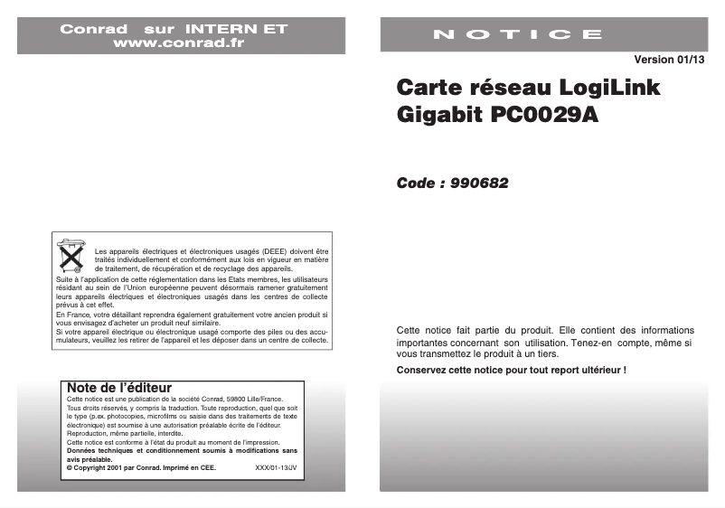 Page 1 de la notice Manuel utilisateur LogiLink PC0029A