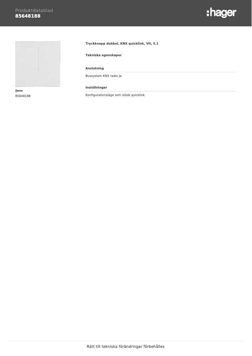 Page n°1 - Fiche technique Hager 85648188