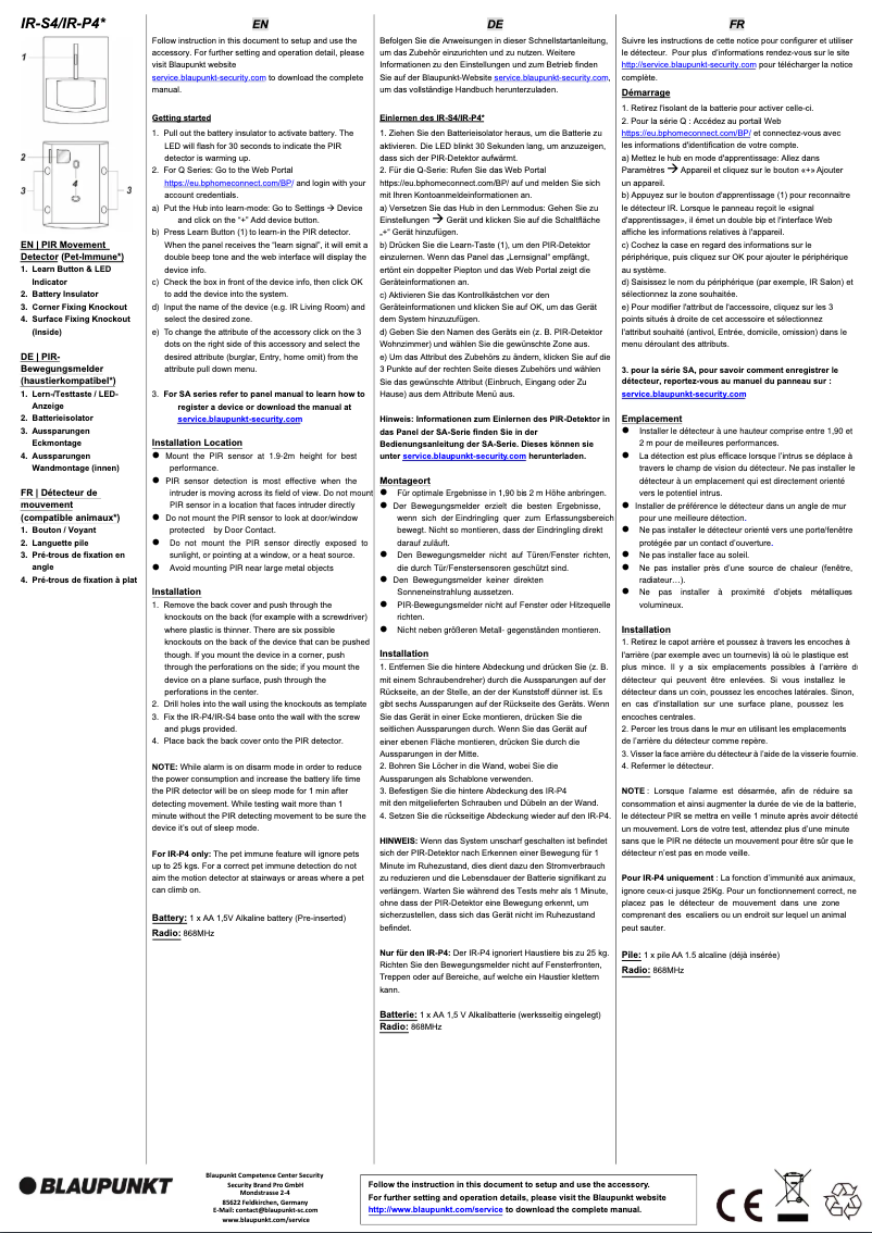 Page 1 de la notice Manuel utilisateur Blaupunkt IR-P4