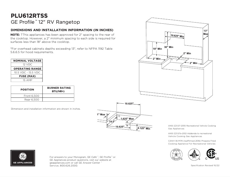 Page n°1 - Fiche technique GE Profile PLU612DTBB
