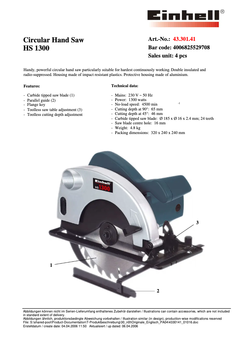 Page n°1 - Manuel utilisateur Einhell HS 1300
