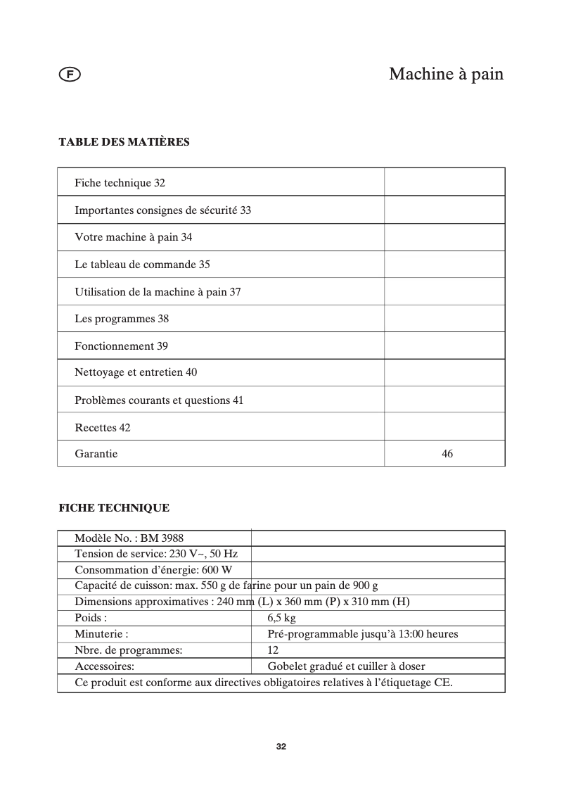 Page n°1 - Manuel utilisateur Severin BM 3988