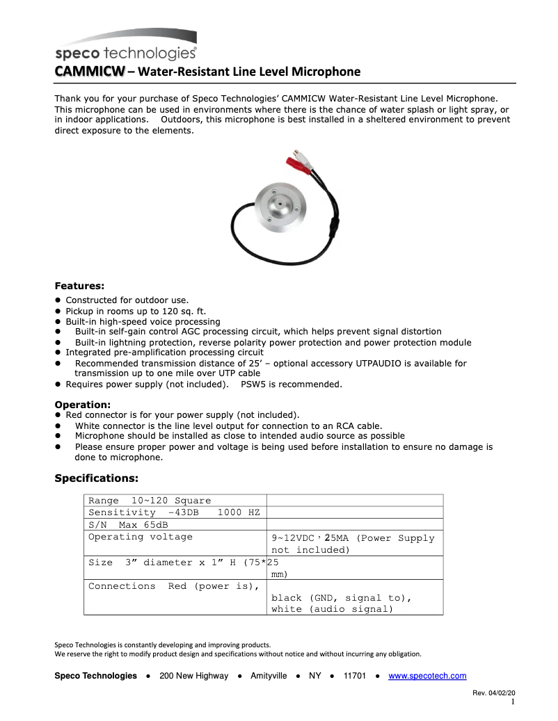 Page 1 de la notice Manuel utilisateur Speco Technologies CAMMICW