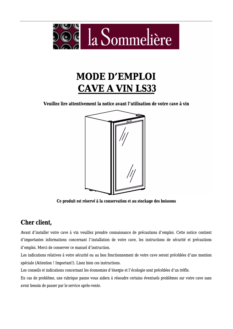 Page n°1 - Manuel utilisateur La Sommelière LS33