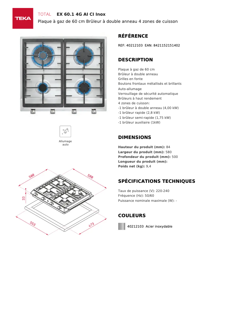 Page n°1 - Fiche technique Teka EX 60.1 4G AI AL CI