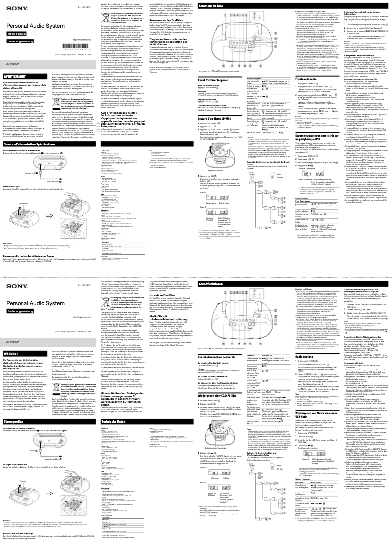 Page 1 de la notice Manuel utilisateur Sony ZS-PS30CPB