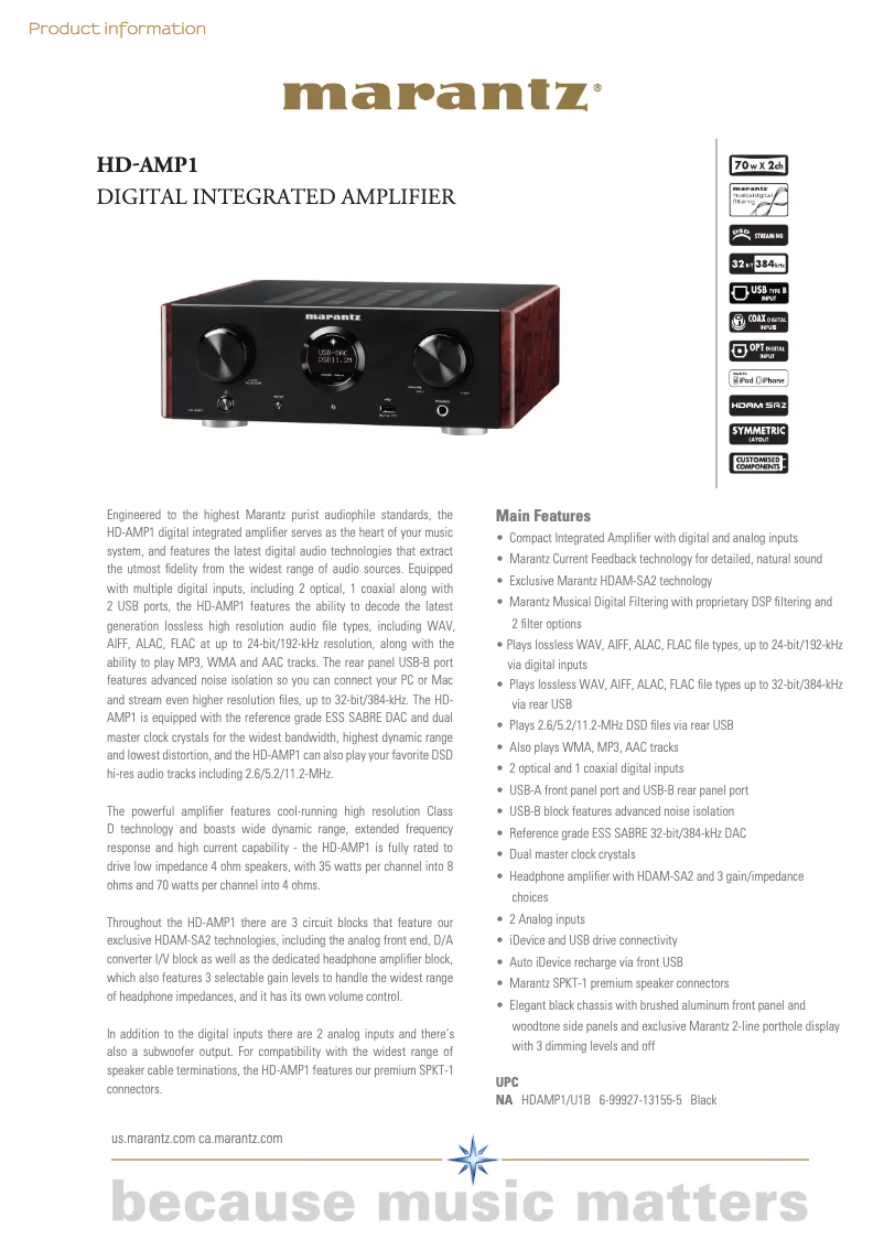 Página 1 del manual Ficha técnica Marantz HD-AMP1