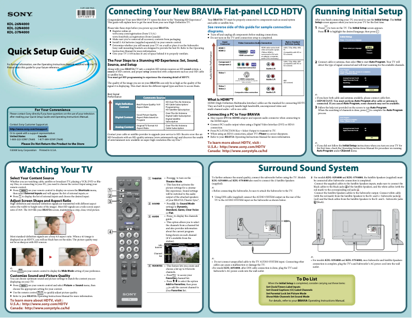 Page 1 de la notice Guide d'installation Sony Bravia KDL-26N4000