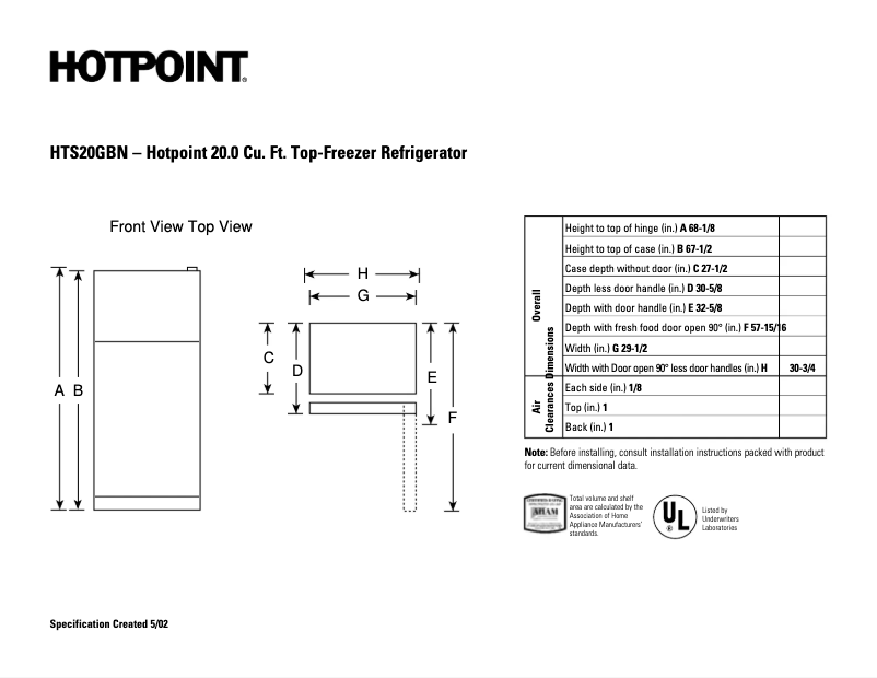 Página 1 del manual Ficha técnica Hotpoint HTS20GBNCC