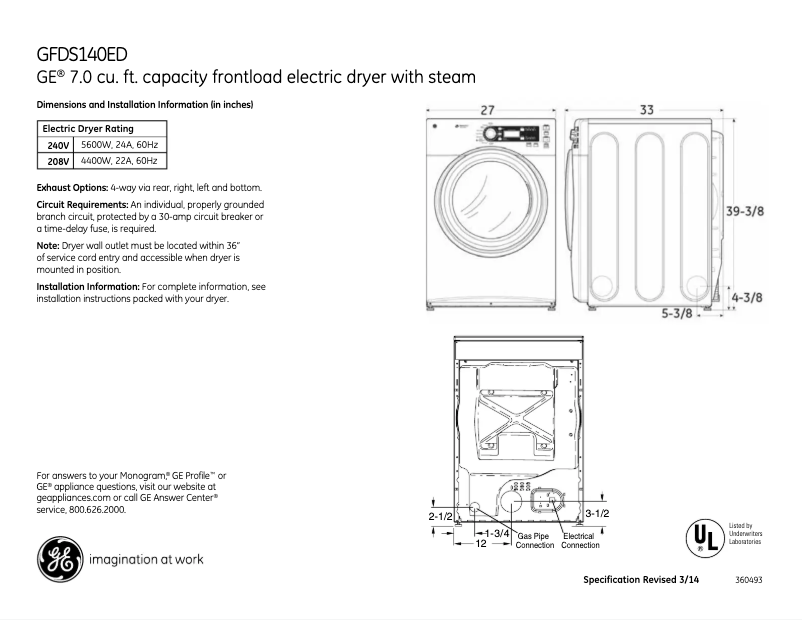 Page 1 de la notice Fiche technique GE GFDS140EDWW