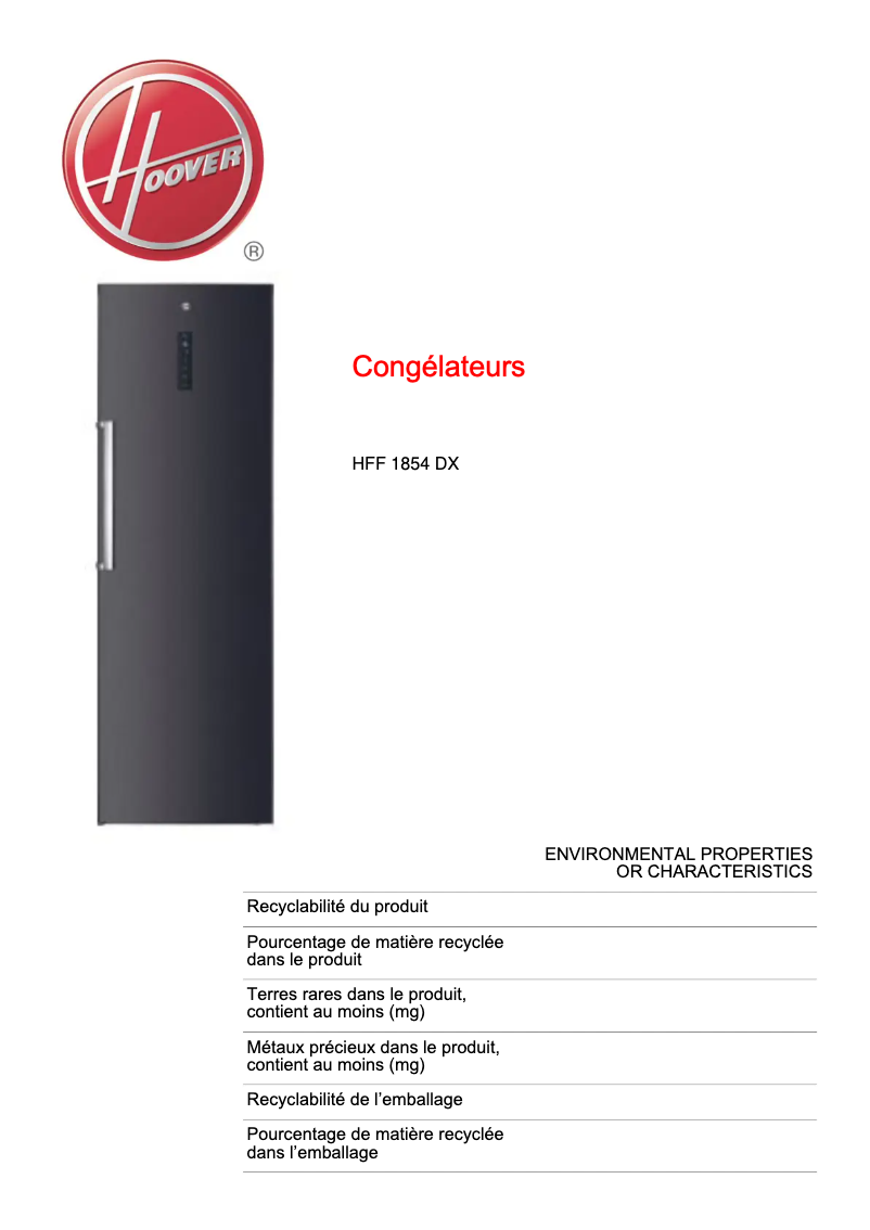 Page 1 de la notice Fiche technique Hoover HFF 1854 DX