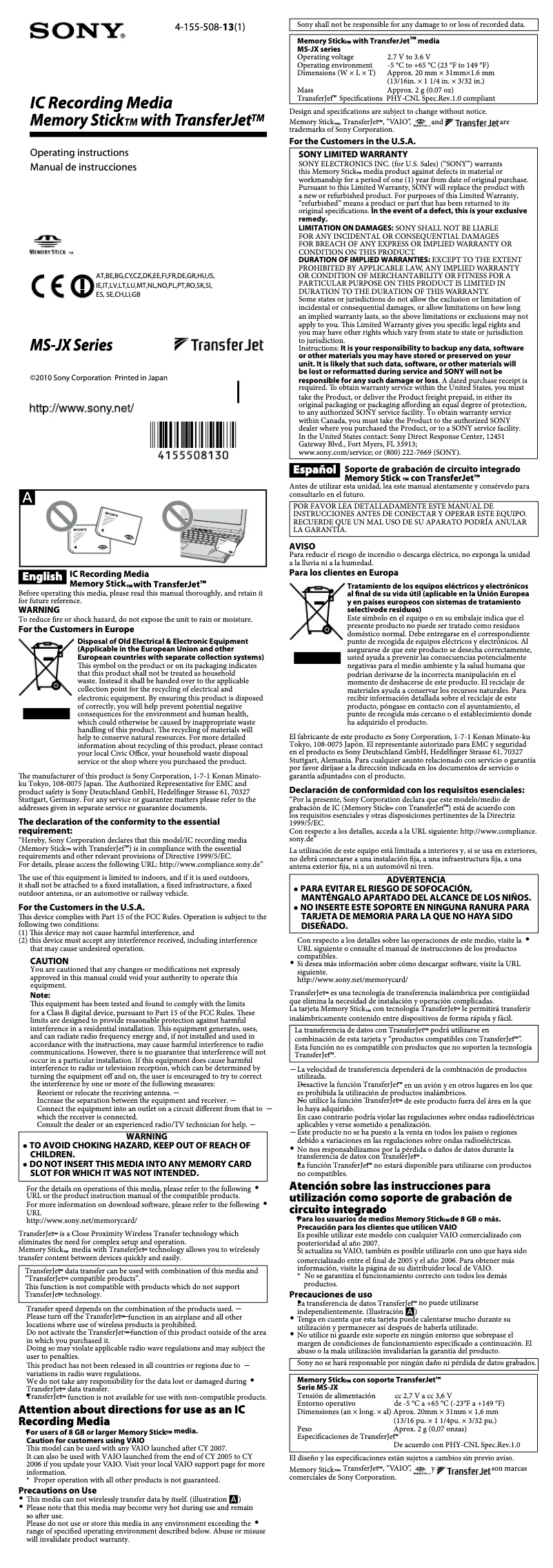 Page 1 de la notice Manuel utilisateur Sony MS-JX8G