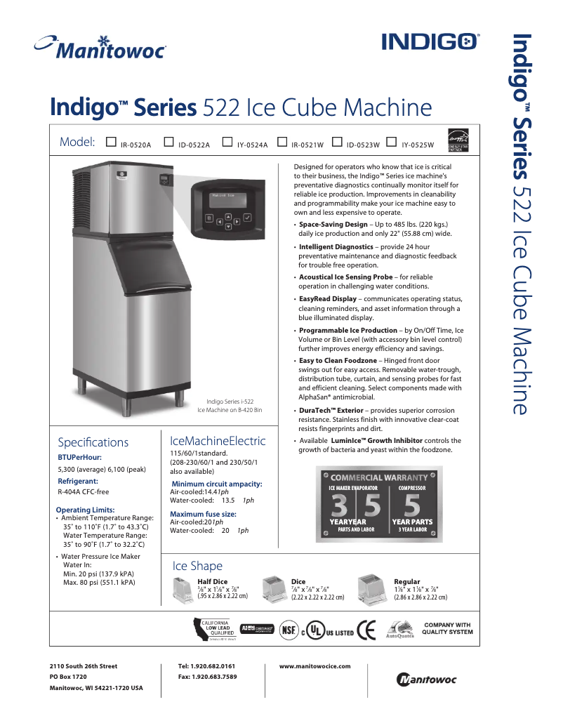 Page n°1 - Fiche technique Manitowoc ID-0522A