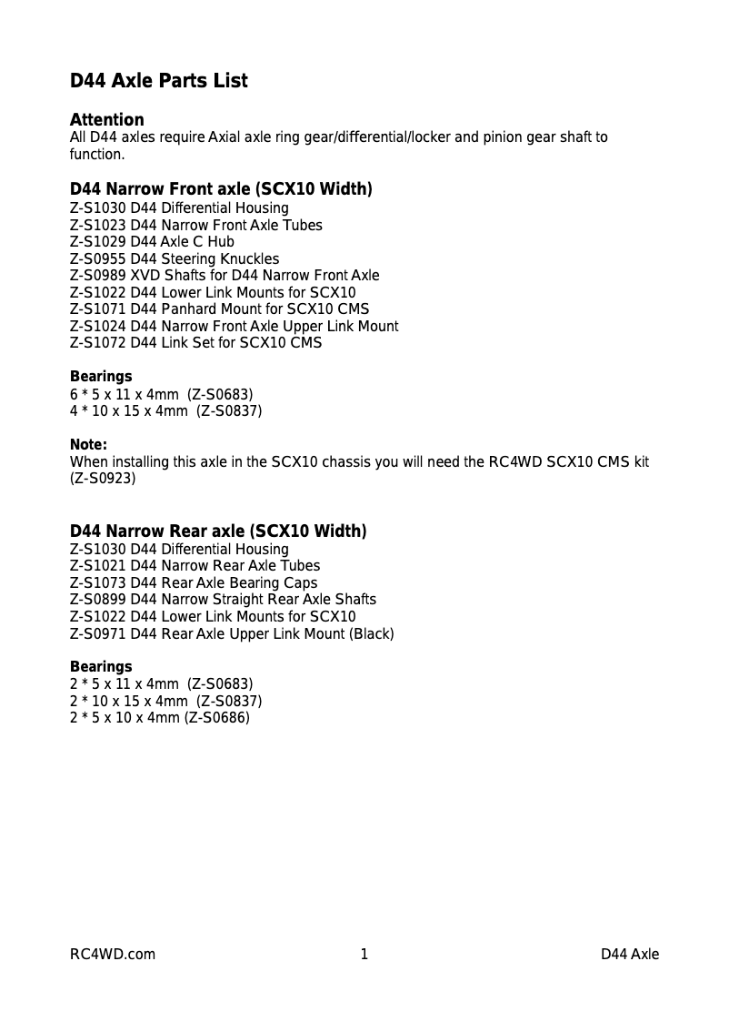 Page 1 de la notice Manuel utilisateur RC4WD Z-S1029
