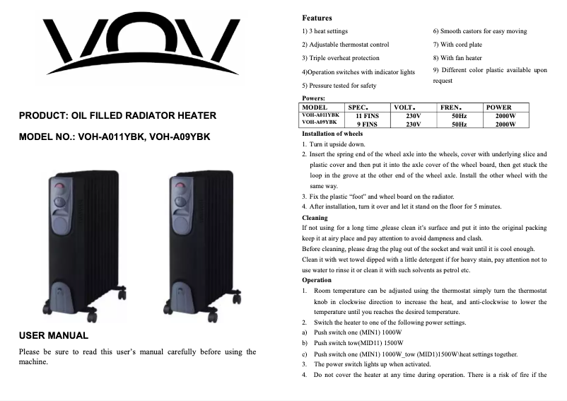 Page 1 de la notice Manuel utilisateur VOV VOH-A09YBK