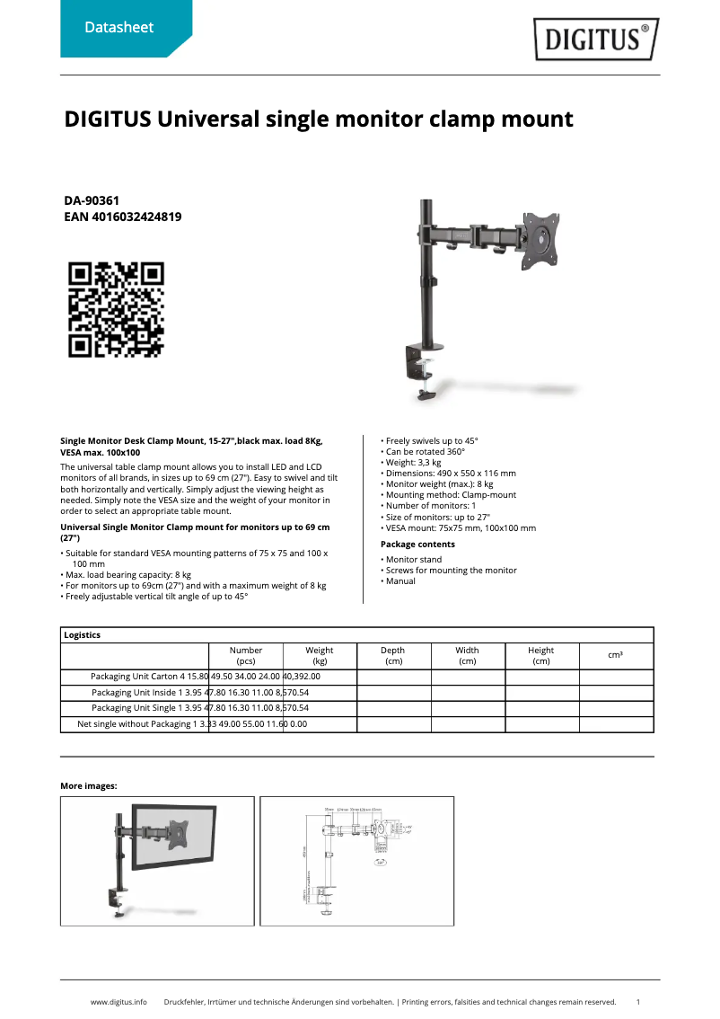 Page 1 de la notice Fiche technique Digitus DA-90361