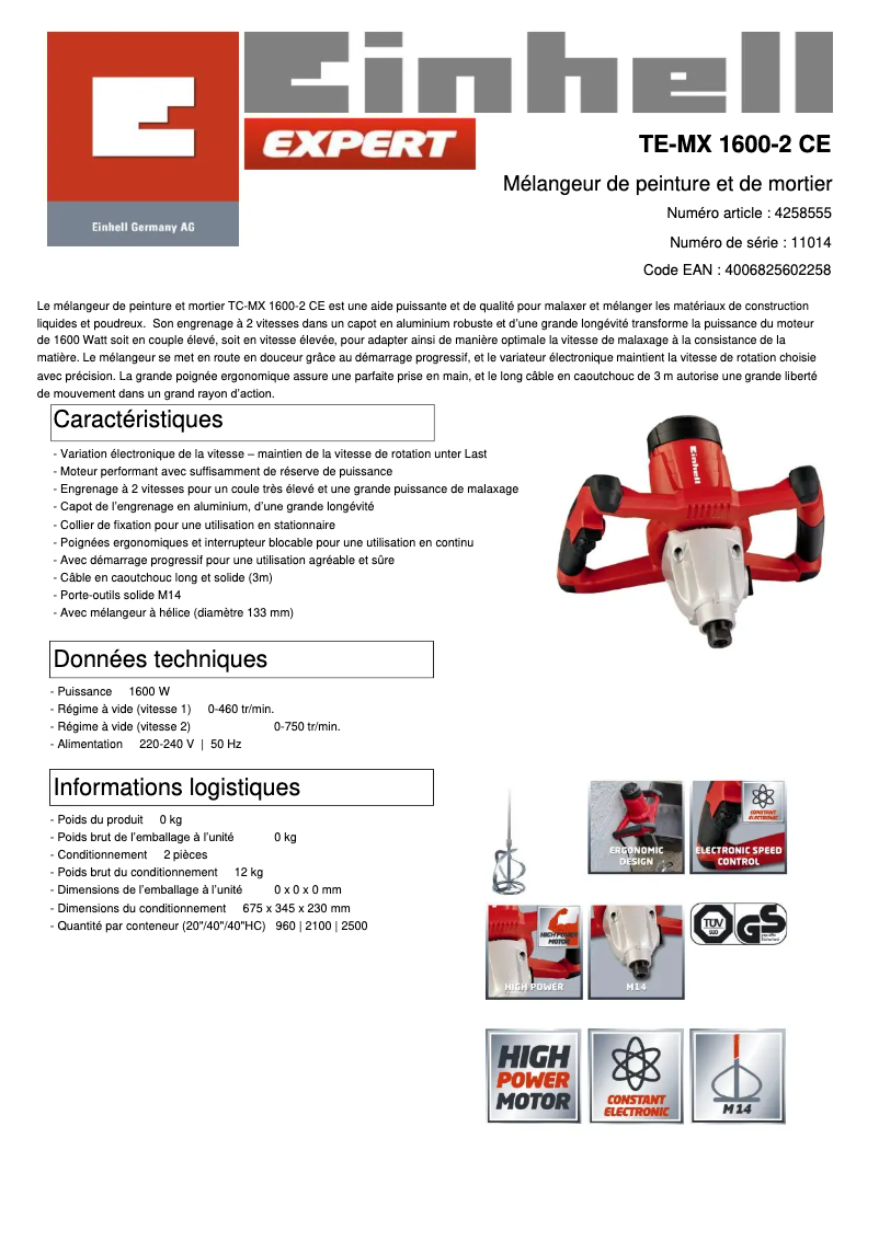Page 1 de la notice Fiche technique Einhell TE-MX 1600-2 CE