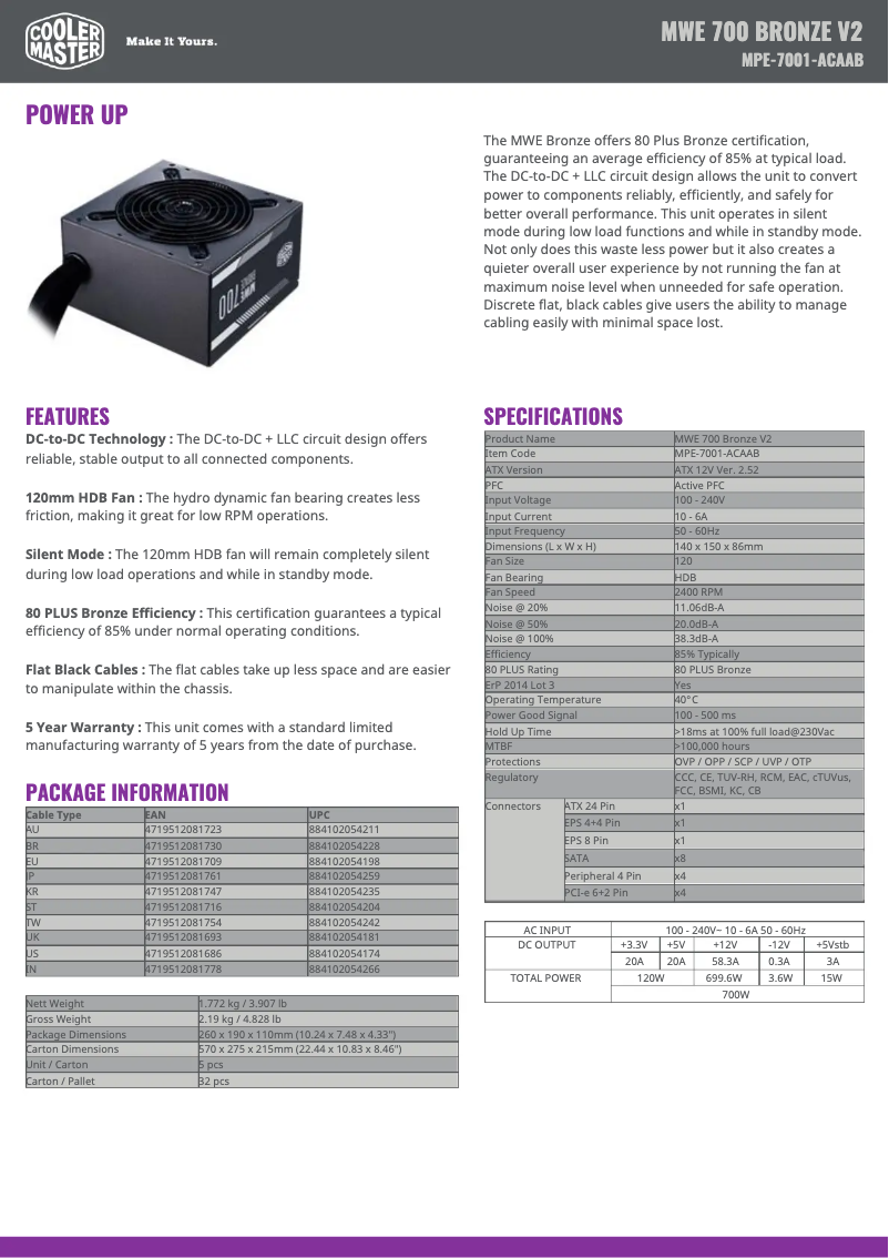 Page n°1 - Fiche technique Cooler Master MWE 700 Bronze