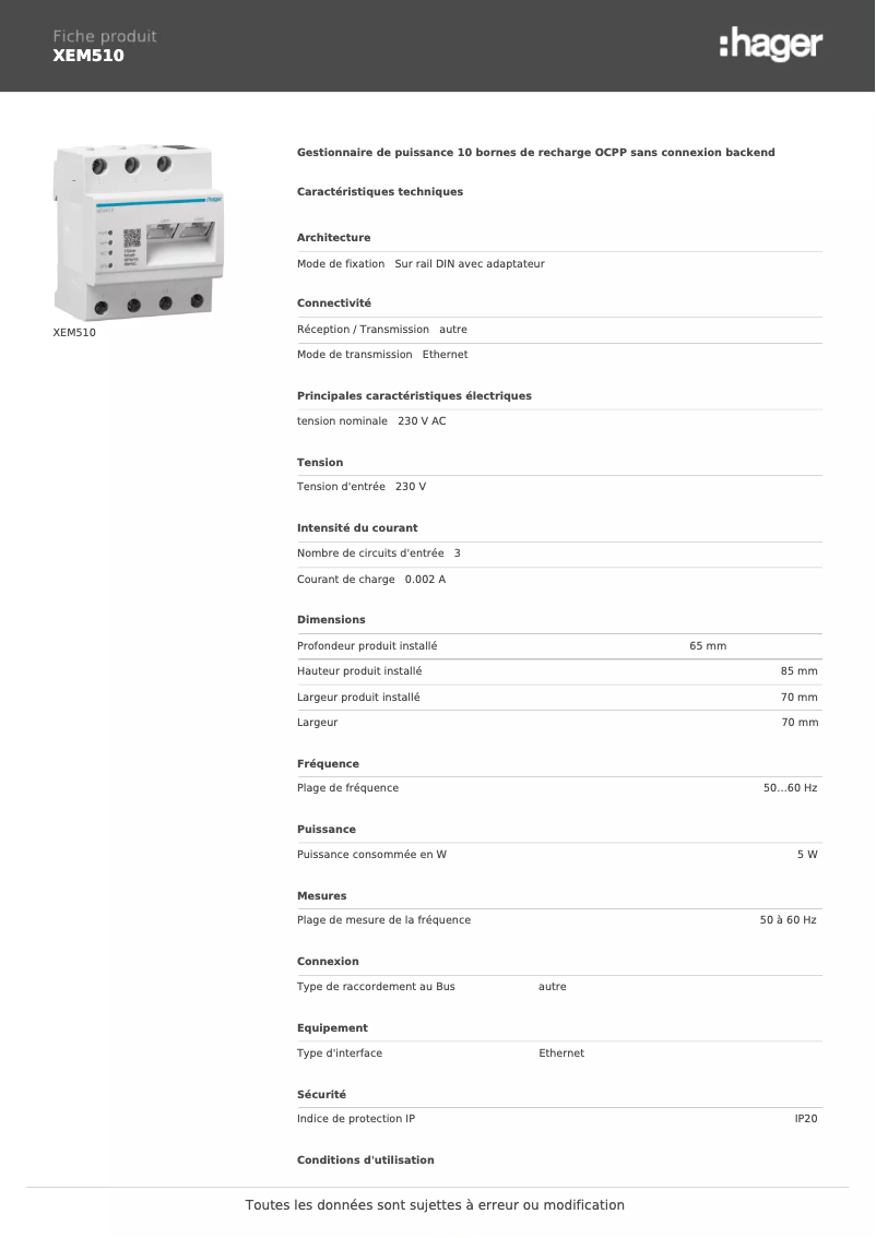 Page n°1 - Fiche technique Hager XEM510