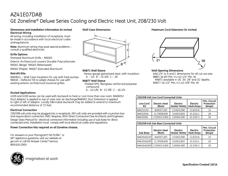 Page 1 de la notice Fiche technique GE AZ41E07DAB Zoneline