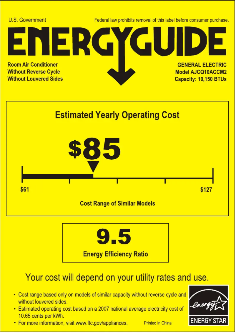 Page 1 de la notice Label énergétique GE AJCQ10ACC