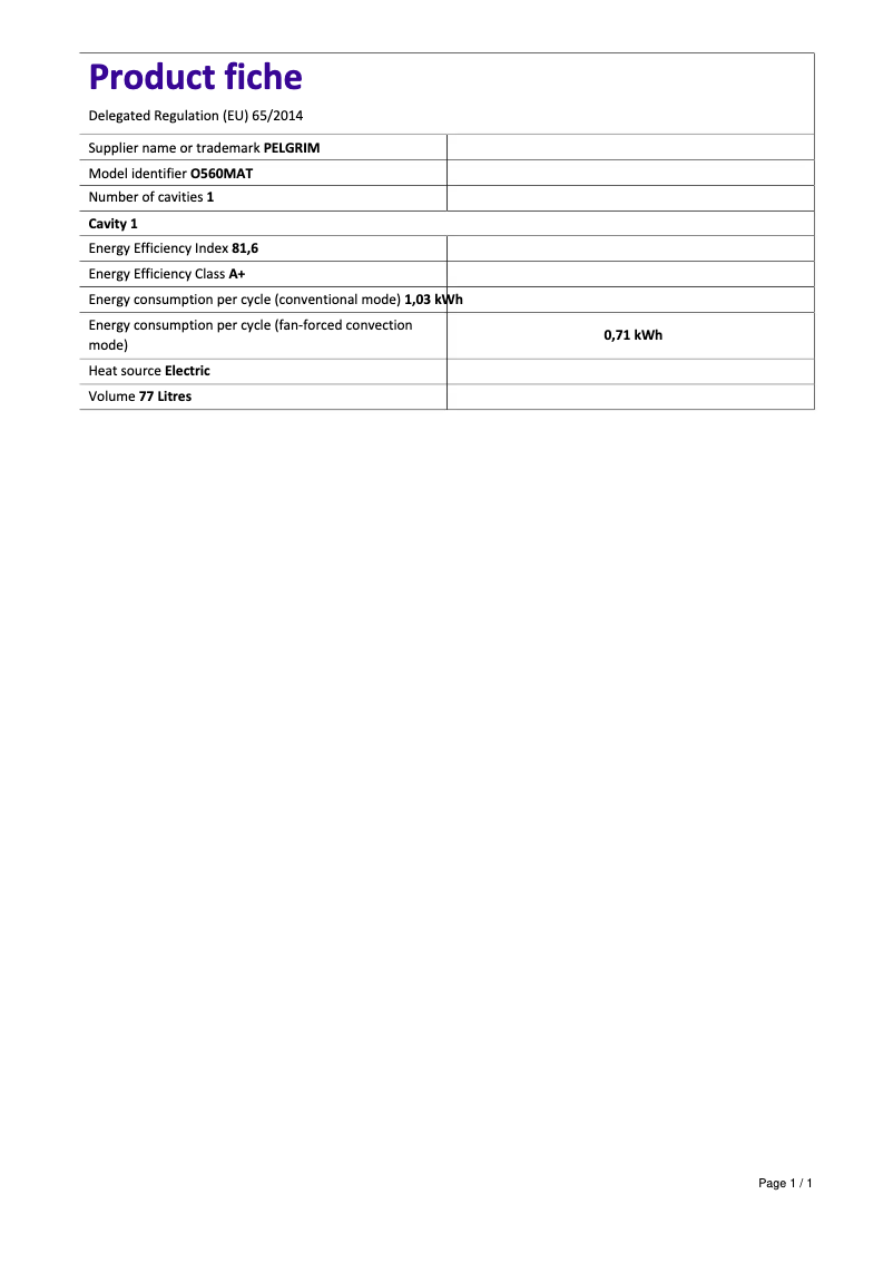 Page 1 de la notice Fiche technique Pelgrim O560MAT