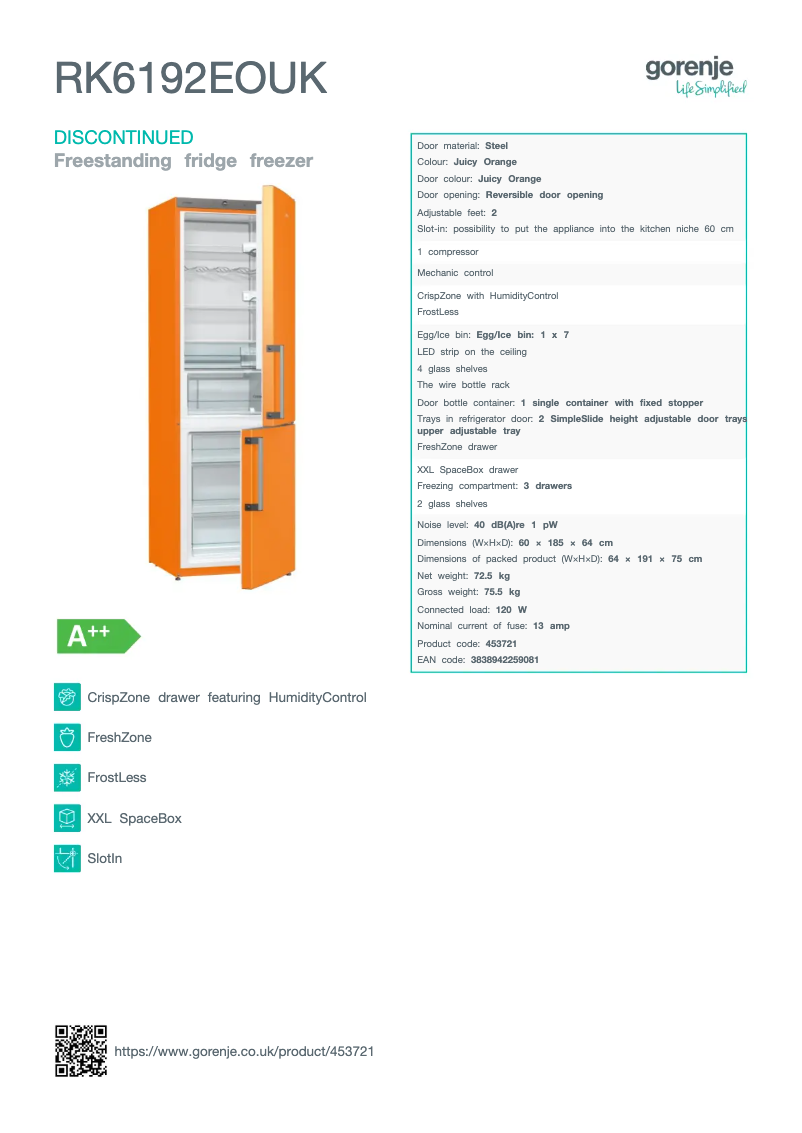 Page 1 de la notice Fiche technique Gorenje RK6192EOUK