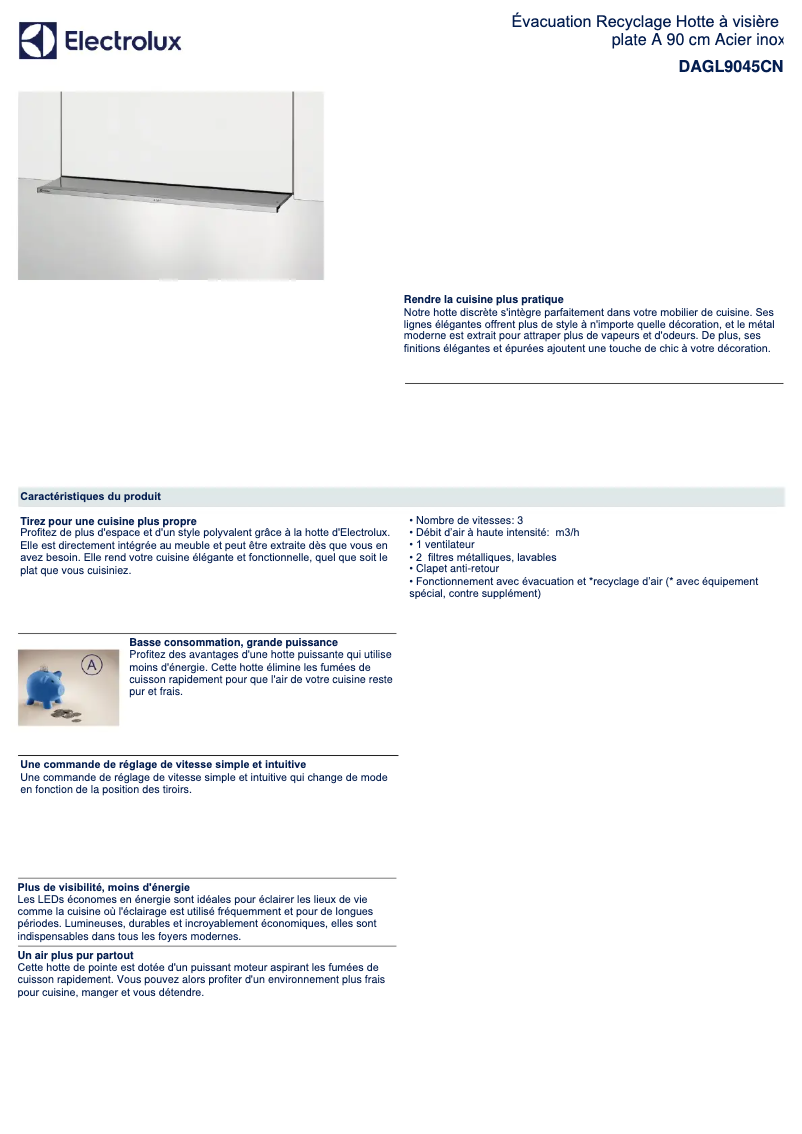 Page 1 de la notice Fiche technique Electrolux DAGL9045CN