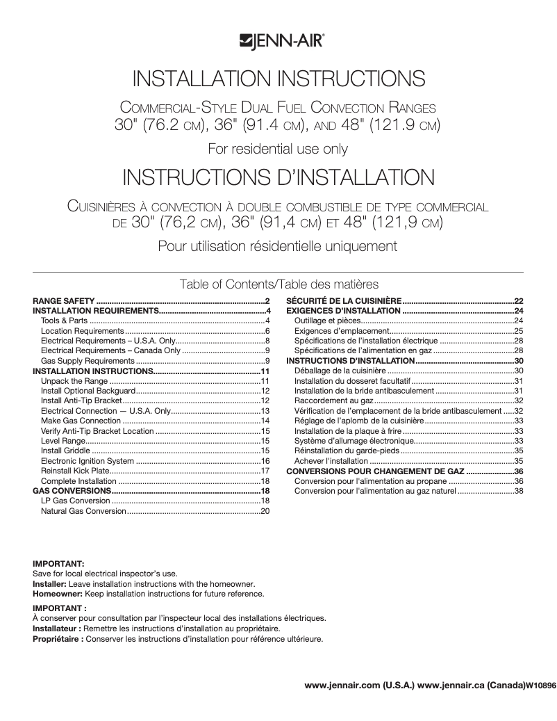 Page n°1 - Guide d'installation JennAir JDRP430WP