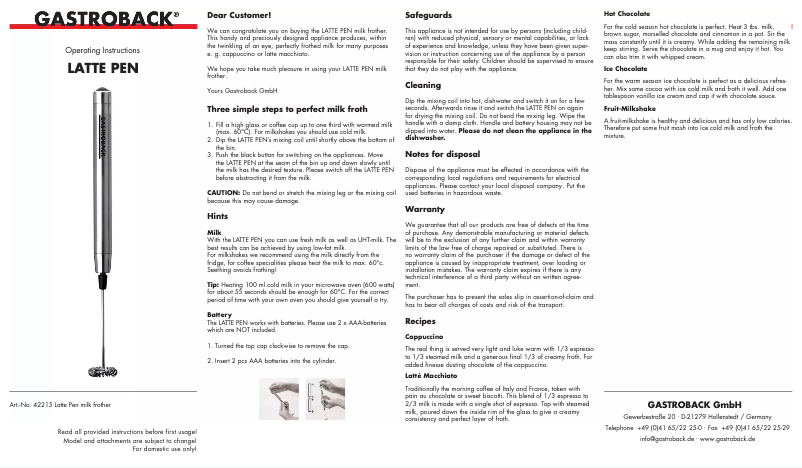 Page 1 de la notice Manuel utilisateur Gastroback 42215 Pen