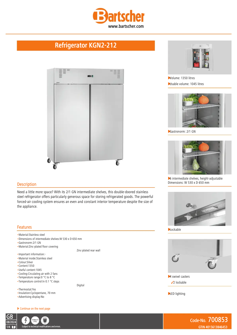 Page 1 de la notice Fiche technique Bartscher KGN2-212