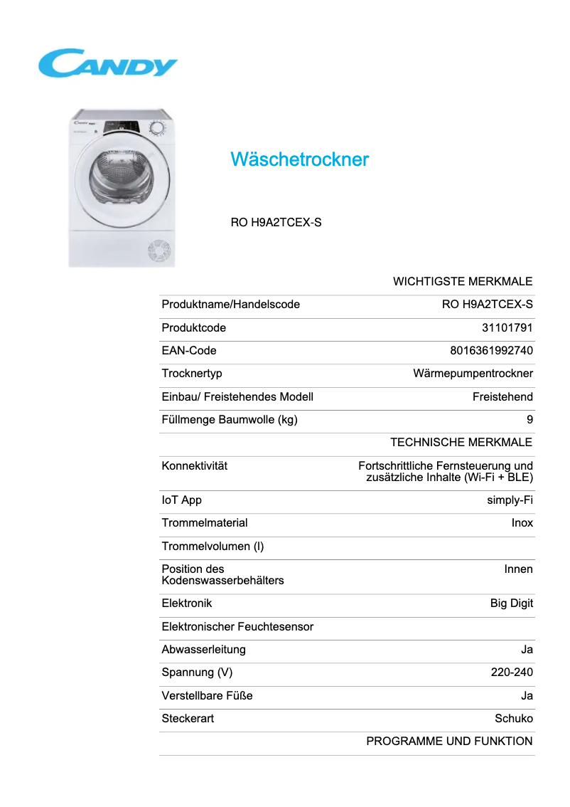 Página 1 del manual Ficha técnica Candy RO H9A2TCEX-S