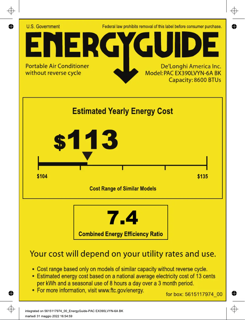Page 1 de la notice Label énergétique DeLonghi Pinguino Arctic Whisper PACEX390LVYN-6ABK