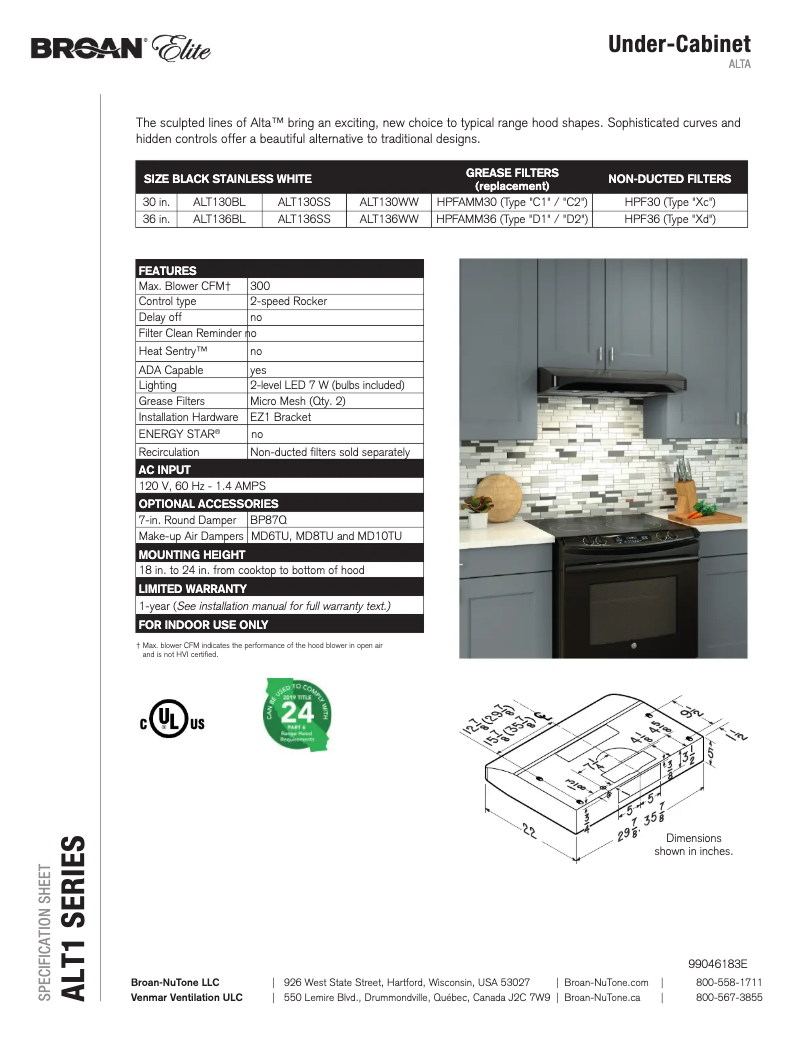 Page n°1 - Fiche technique Broan ALT136BL