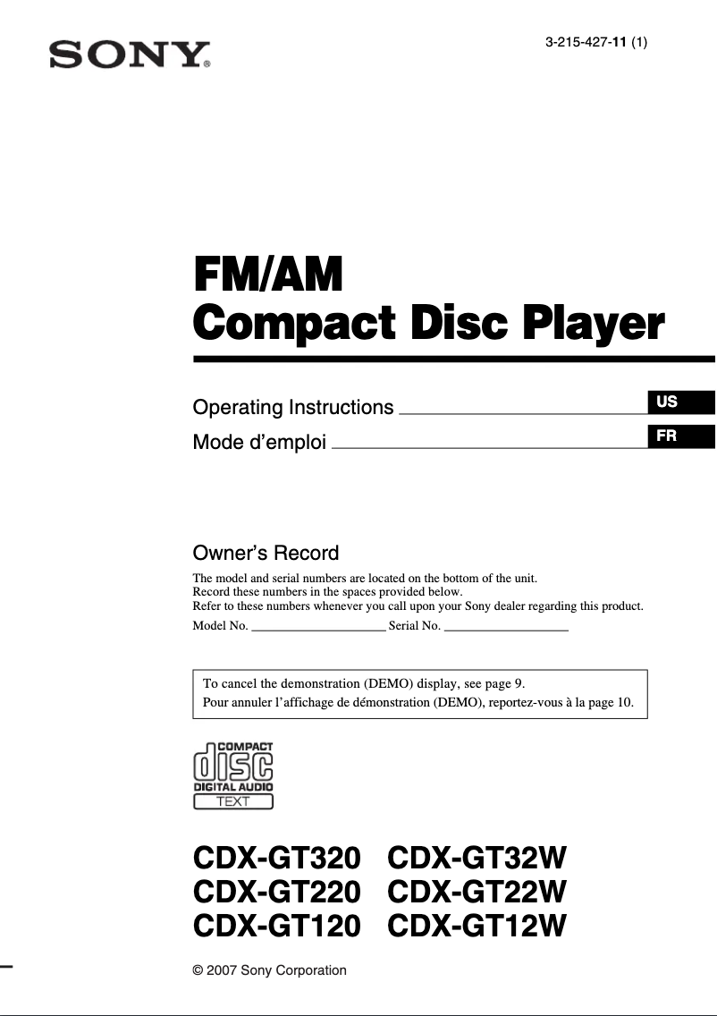 Página 1 del manual Manual de usuario Sony CDX-GT320