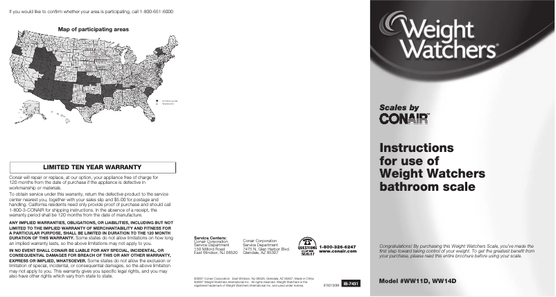 Image de la première page du manuel de l'appareil Weight Watchers WW11Y