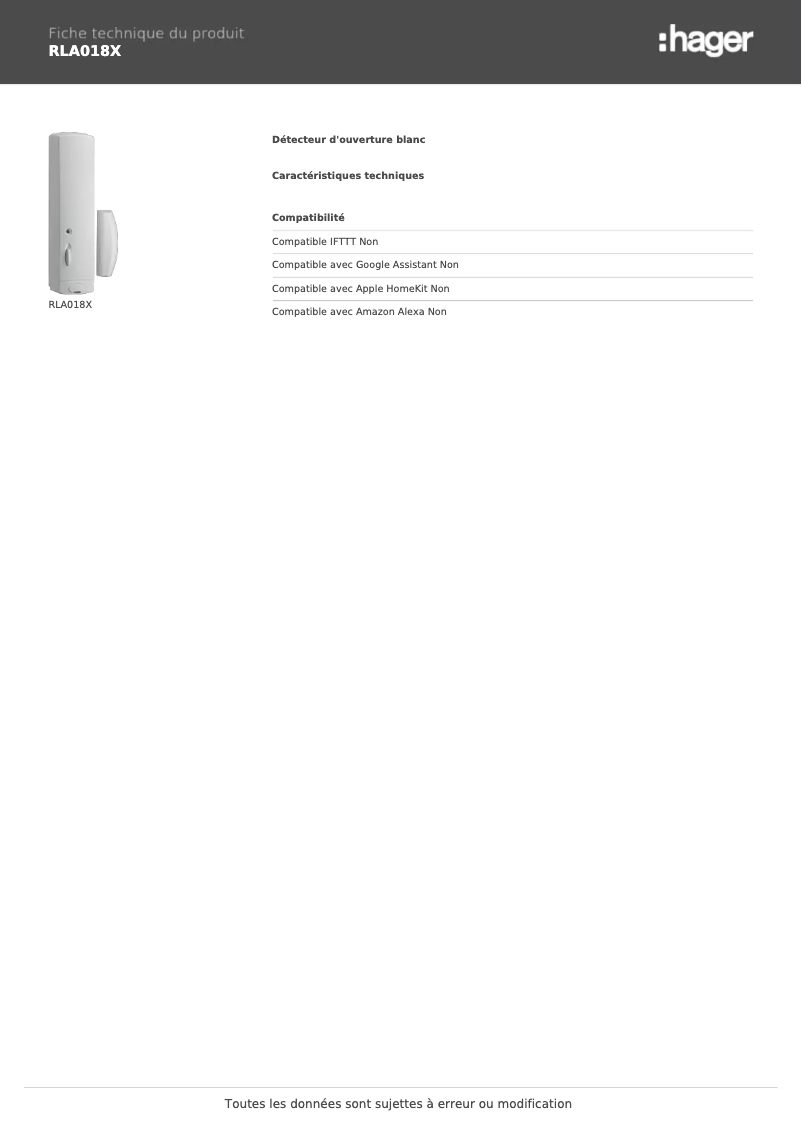 Page 1 de la notice Fiche technique Hager RLA018X