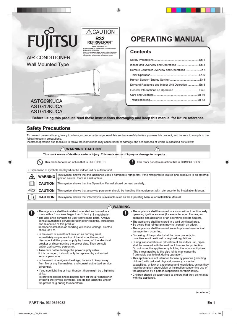 Page 1 de la notice Manuel utilisateur Fujitsu ASTG18KUCA