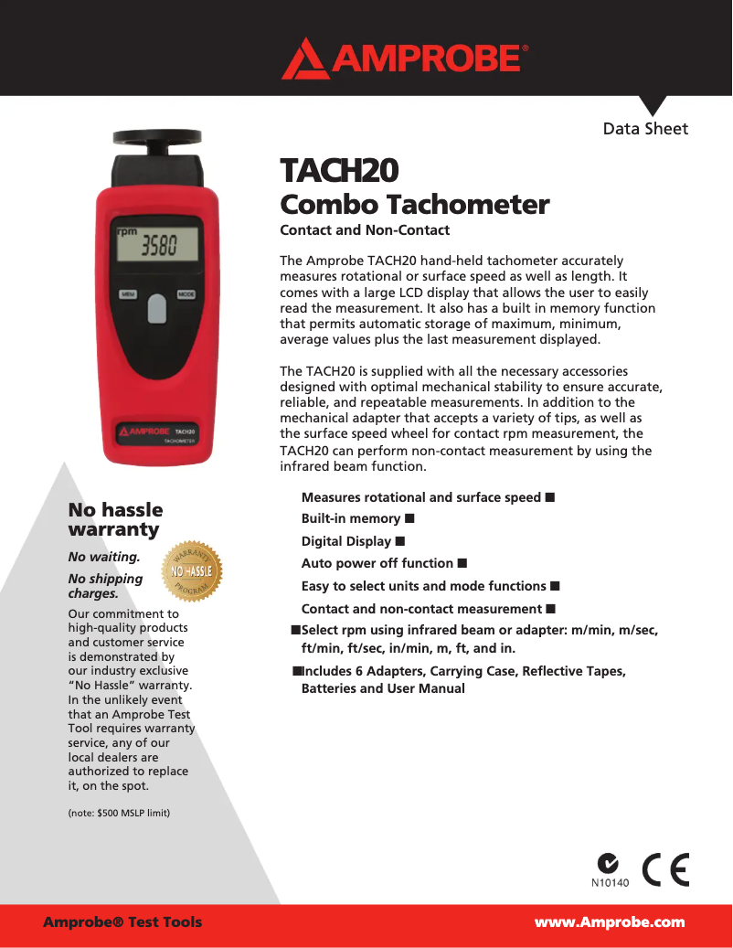 Page 1 de la notice Fiche technique Amprobe TACH-20