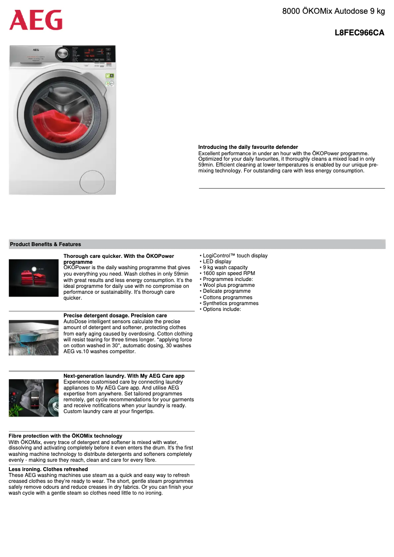 Page n°1 - Fiche technique AEG L8FEC966CA