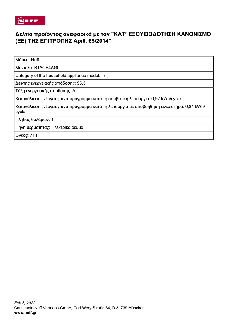 Page 1 of the manual Technical Sheet Neff B1ACE4AG0