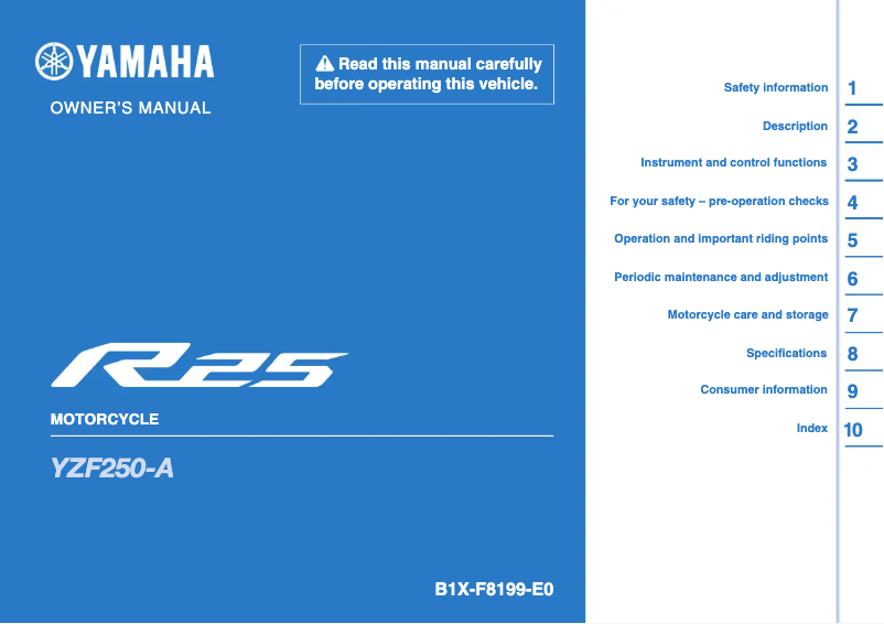 Page 1 de la notice Manuel utilisateur Yamaha YZF-R25 (2022)