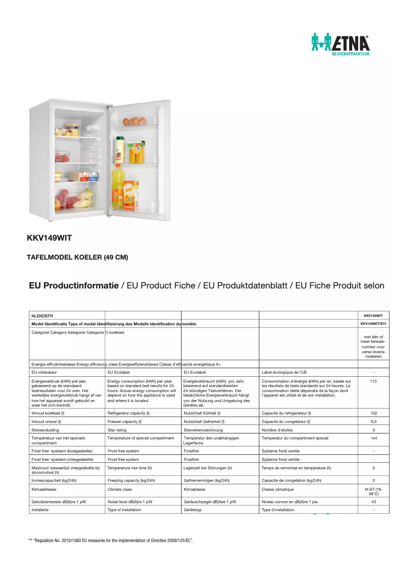 Page n°1 - Fiche technique Etna KKV149WIT