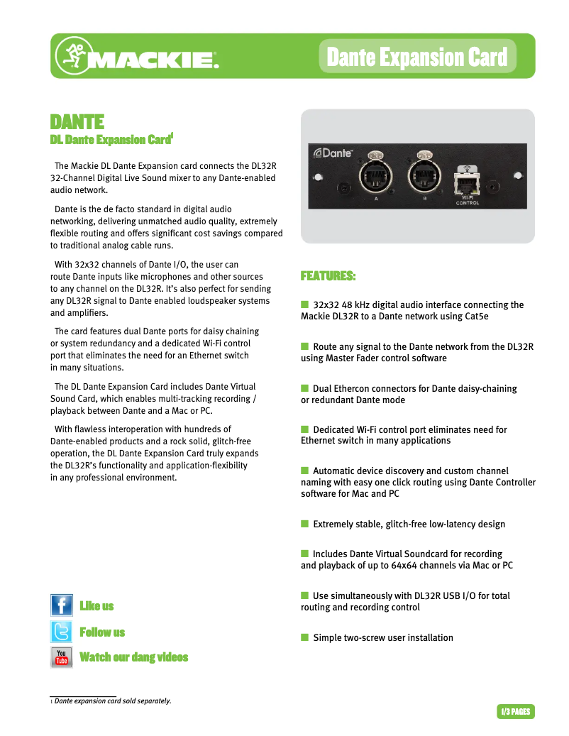 Page n°1 - Manuel utilisateur Mackie DL Dante Expansion Card