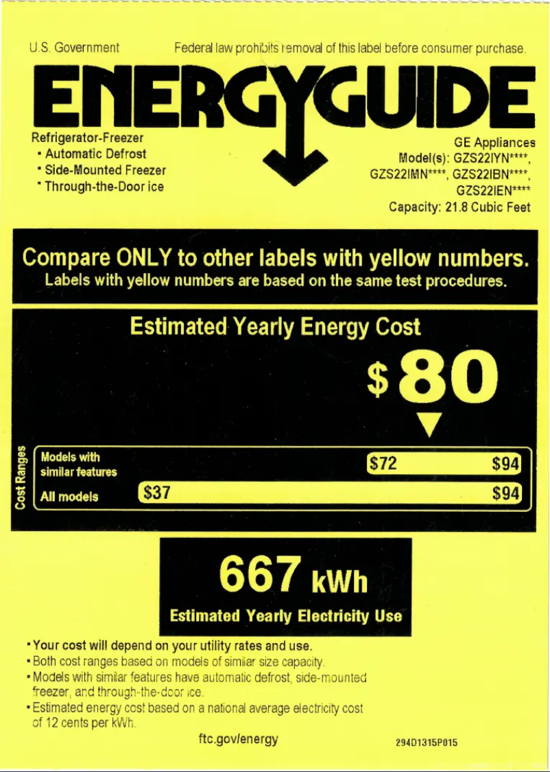 Page 1 de la notice Label énergétique GE GZS22IMNES