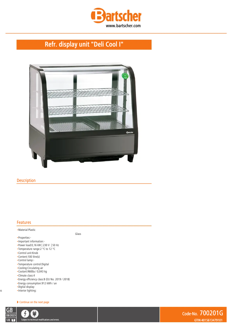 Page 1 de la notice Fiche technique Bartscher 700201G